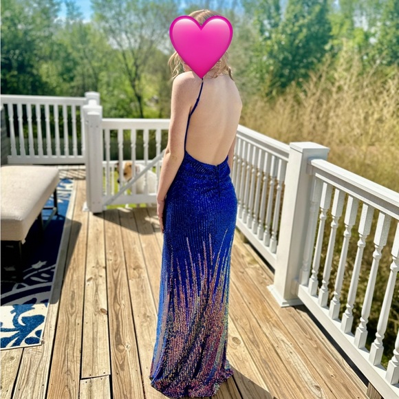 Spaghetti Strap Cowl Neck Low Back High Slit Hem Ombre Sequin Long Dress - Picture 2 of 4